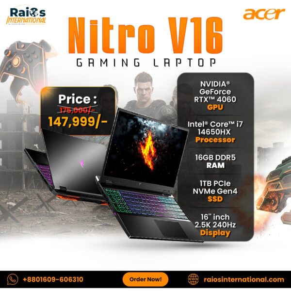 Acer nitro V16 2024 ( i7-14650HX, RTX4060 8GB GDDR7, 16GB RAM, 1TB SSD, 16″ 2.5K 240Hz, W11 )